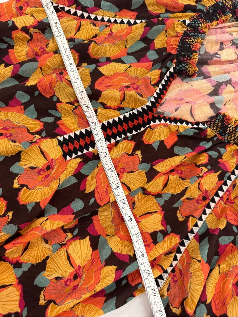 Sundance Black Blouse with Orange Floral Print and Green Leaves - Picture 3 of 9